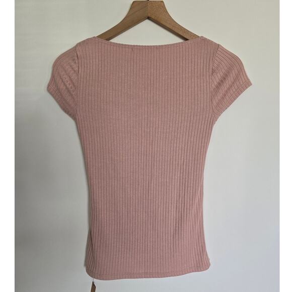 Reformation Bardot Pink Ribbed Knit Square Neck Short Sleeve Top Sz Small - Picture 2 of 3